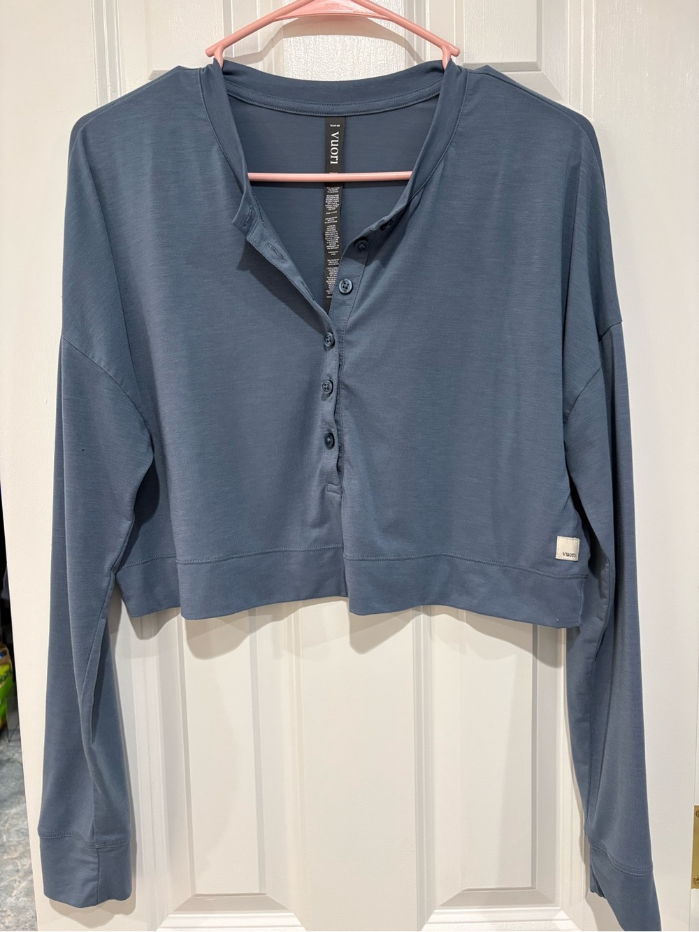 Vuori Slate Blue Cropped Henley Long-Sleeve Top
